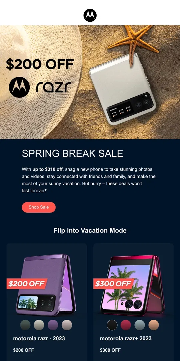 Email from Motorola. [Set as away ✈] Shop Spring Break Deals