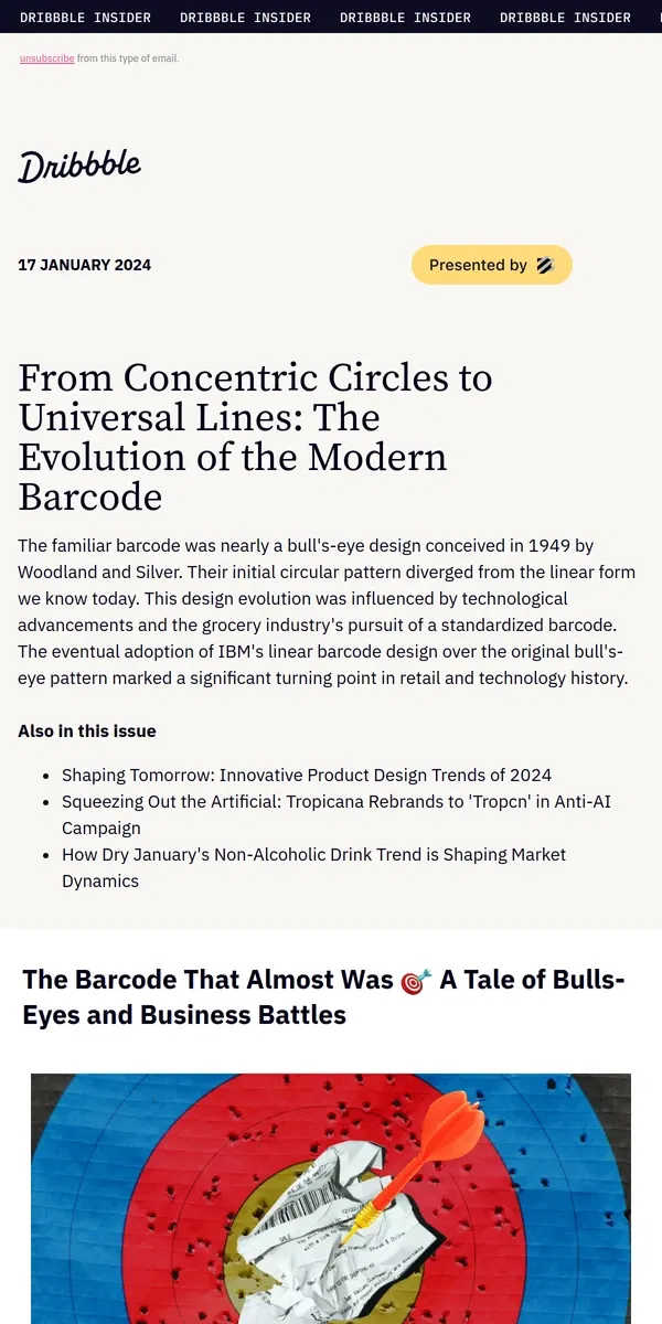 Email from Dribbble. 🥂Design Insights Await: From Barcode Origins to 2024's Non-Alcoholic Trends