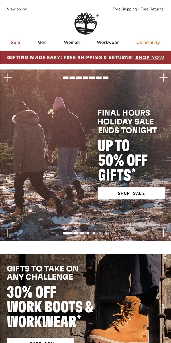 Email from Timberland. FINAL HOURS: Up to 50% Off Ends TONIGHT!