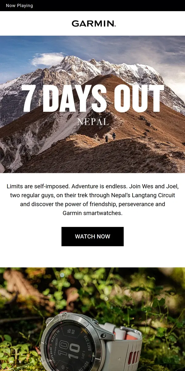 Email from Garmin. 7 Days Out – An Original Docuseries from Garmin