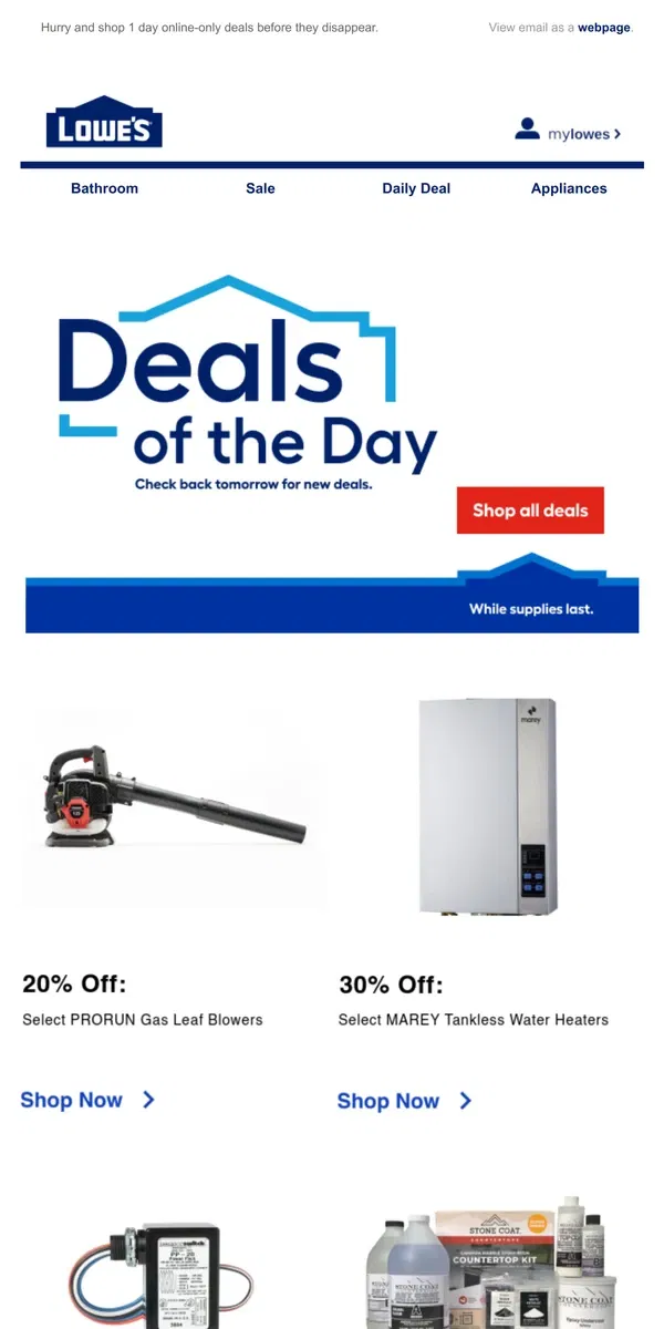 Email from Lowe's. LIMITED TIME deals, just for today.