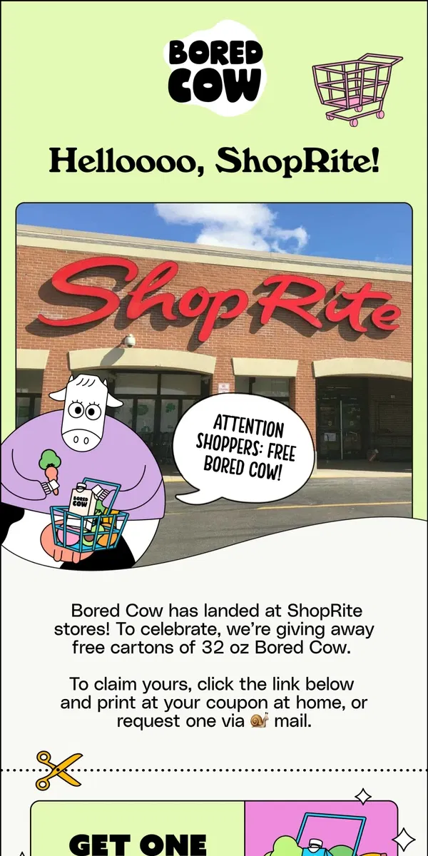 Email from Bored Cow. Bored Cow has arrived at ShopRite!