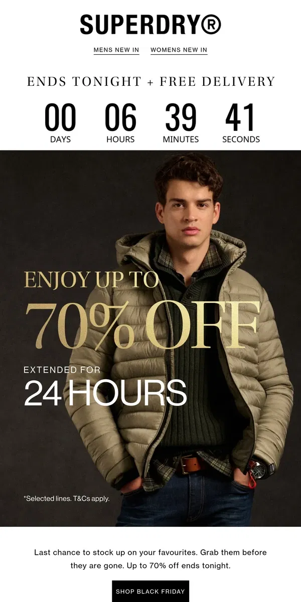 Email from Superdry. Last Chance! Up to 70% Off Ends Tonight