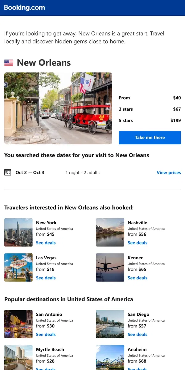 Email from Booking.com. Don’t forget your search for New Orleans – prices as low as $40!