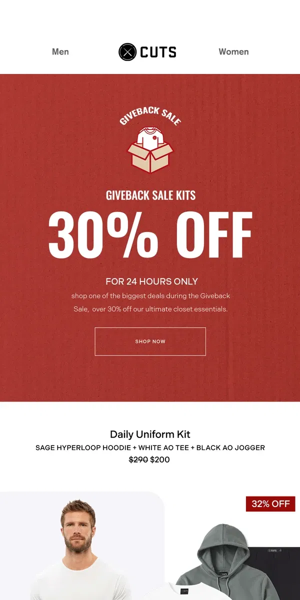 Email from Cuts. The Giveback Sale Kits: 30% Off