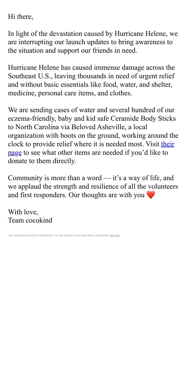 Email from cocokind. Hurricane Helene Relief