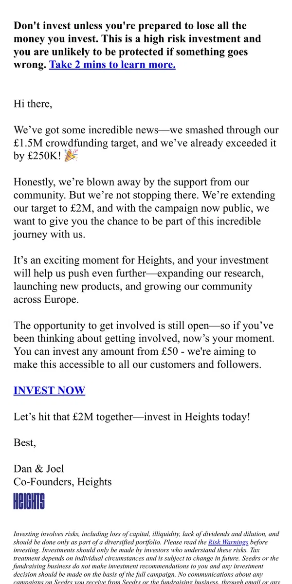 Email from Heights. We're Overfunding! 🎉 Help Us Reach £2M