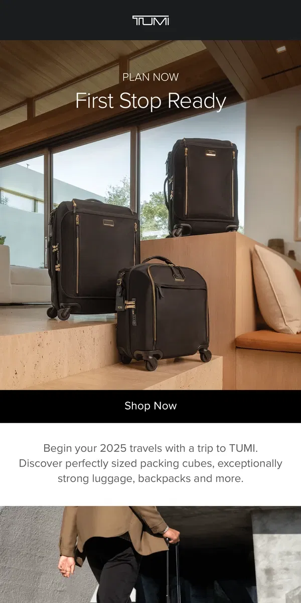 Email from Tumi. 2025 Goals: Pack Smarter, Travel Further