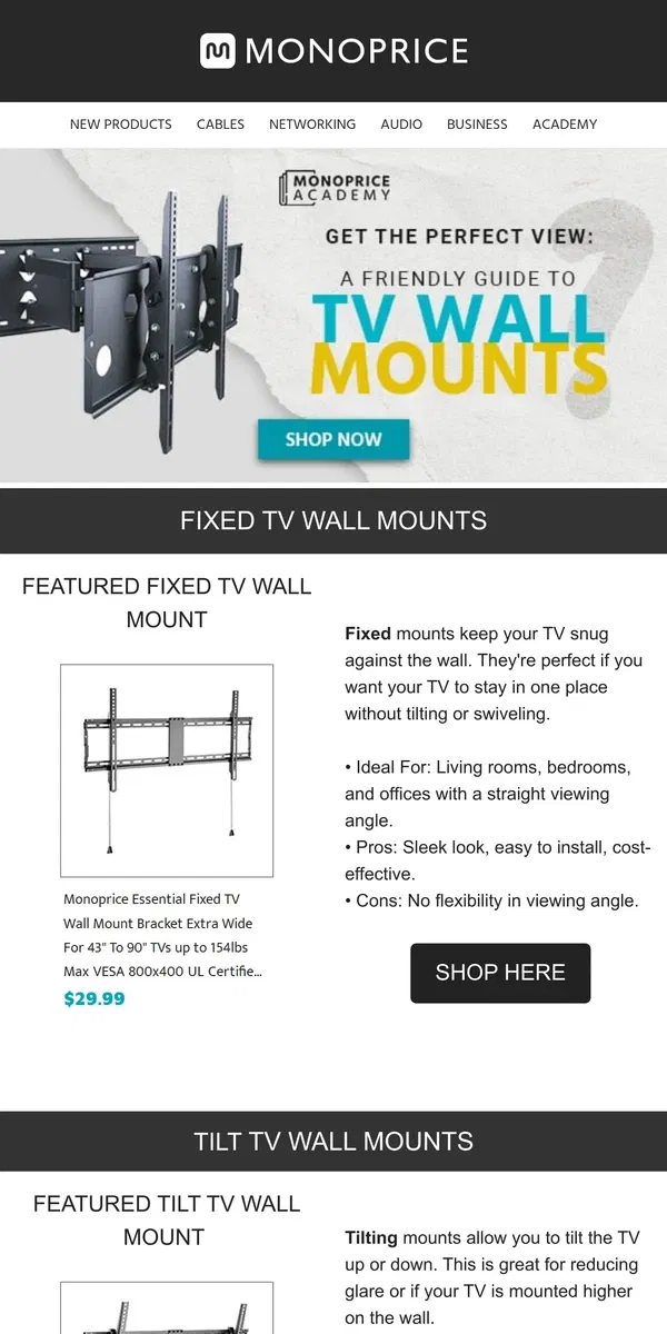 Email from Monoprice. Get The Perfect View: TV Wall Mounts 📺