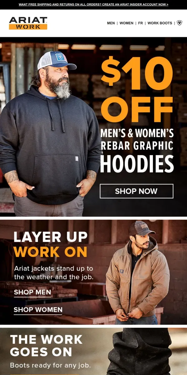 Email from Ariat. Deal Alert! $10 Off Work Hoodies­