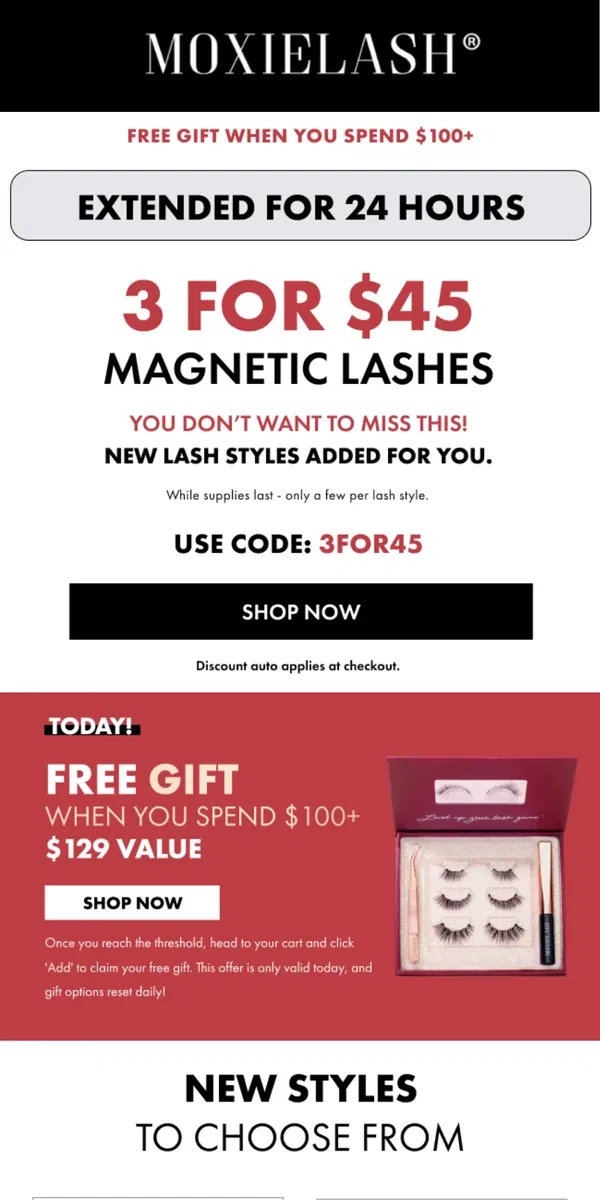 Email from MoxieLash. 🚨EXTENDED! 3 Magnetic Lashes $45 – 24 Hours Only!