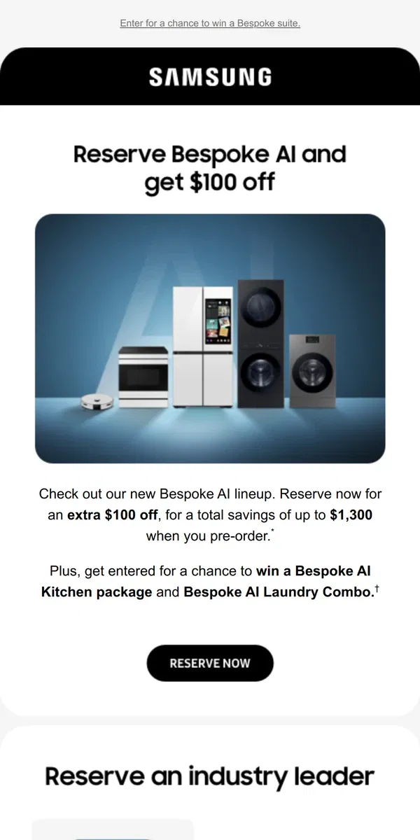 Email from Samsung. [Name], reserve now and get $100 off our new Bespoke AI appliances