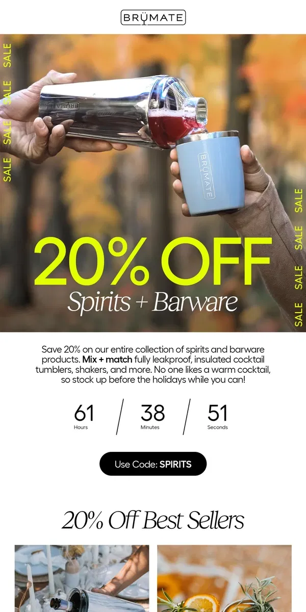 Email from BruMate. 20% Off Barware + Spirits 🥃