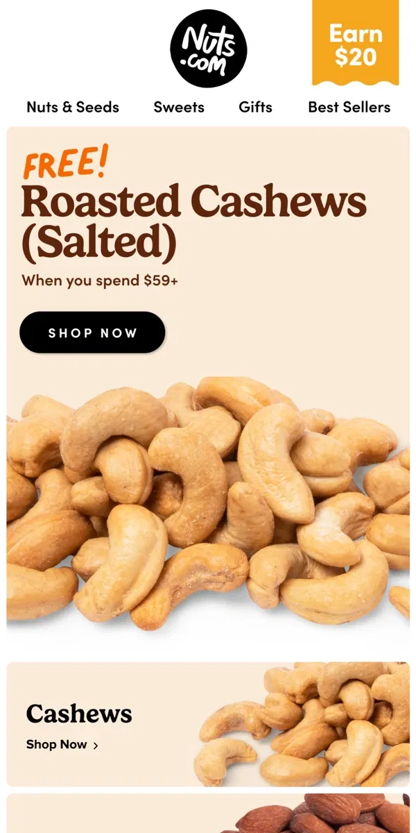 Email from Nuts.com. How about those FREE CASHEWS?