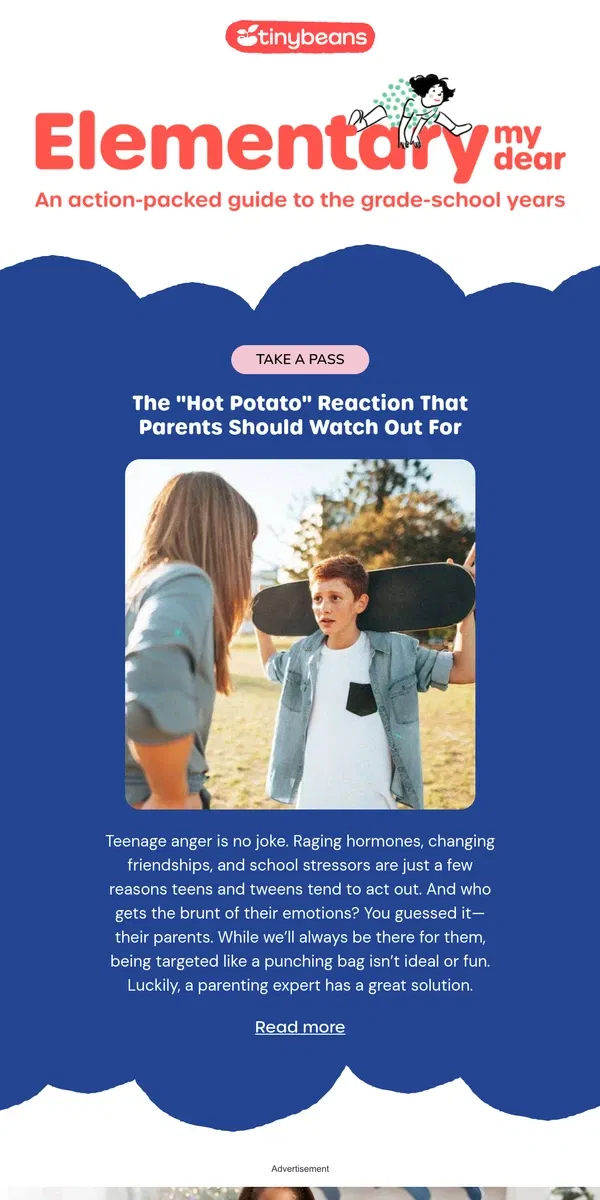 Email from Tinybeans. The “Hot Potato” Reaction That Parents Should Watch Out For