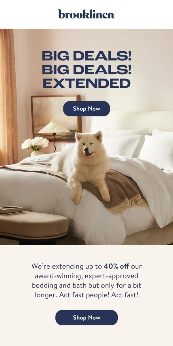 Email from Brooklinen. Did someone say… EXTENDED BIG DEALS?