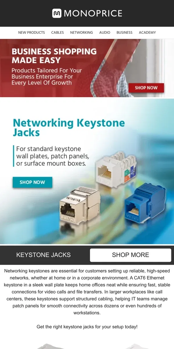 Email from Monoprice. The Secret to Stronger Networks? High-Quality Keystones! ✅