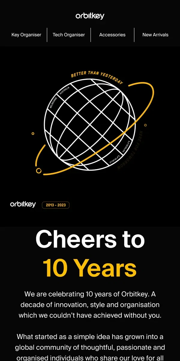 Email from Orbitkey. Celebrating 10 Years of Orbitkey.