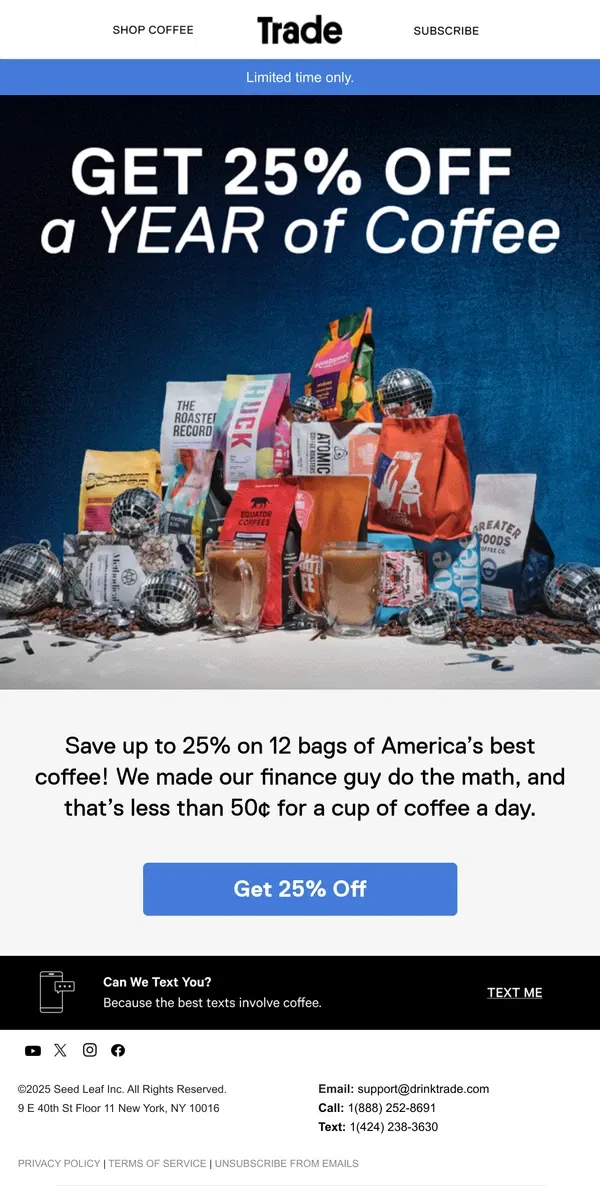 Email from Trade Coffee. Enjoy Fresh Coffee for 50¢ a Day