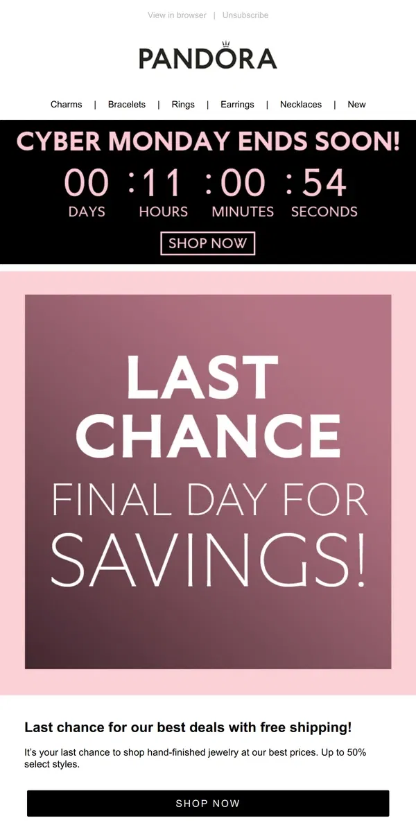 Email from Pandora Jewelry. Last chance for up to 50% off!