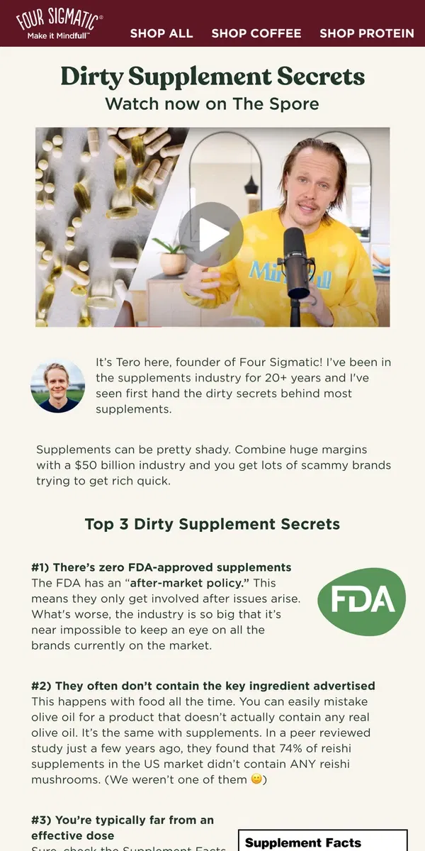 Email from Four Sigmatic. The dirty secrets about supplements