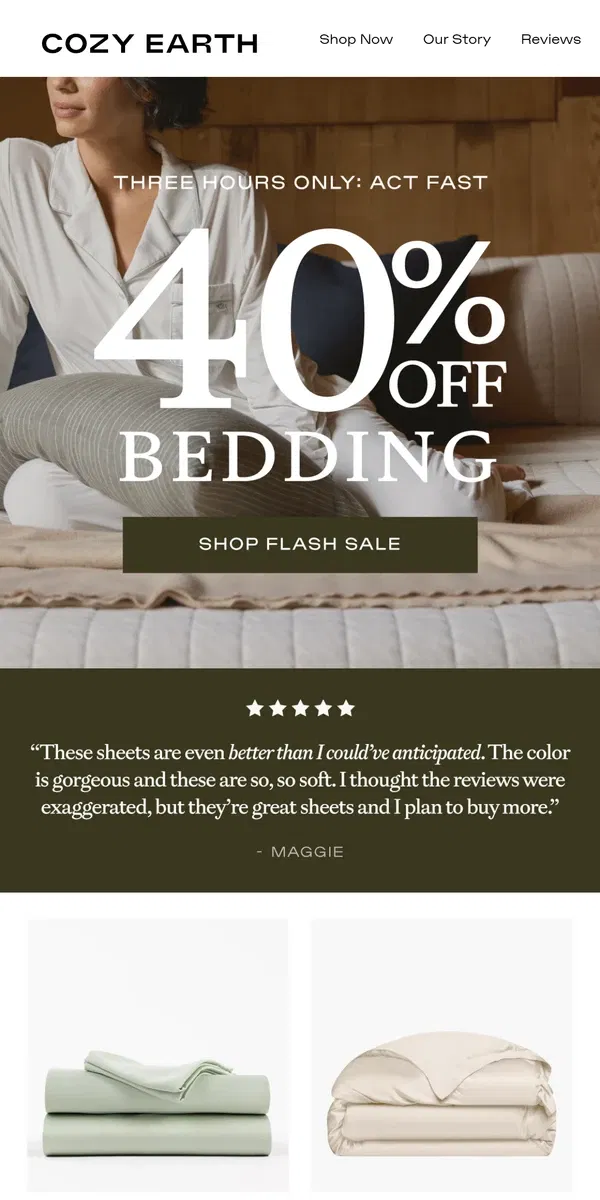 Email from Cozy Earth. FLASH SALE! 40% OFF BEDDING 🌟