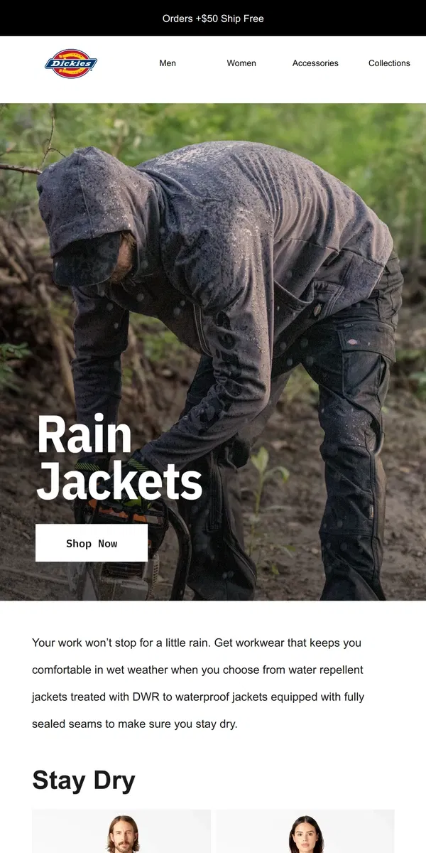 Email from Dickies. Workwear for Rainy Days