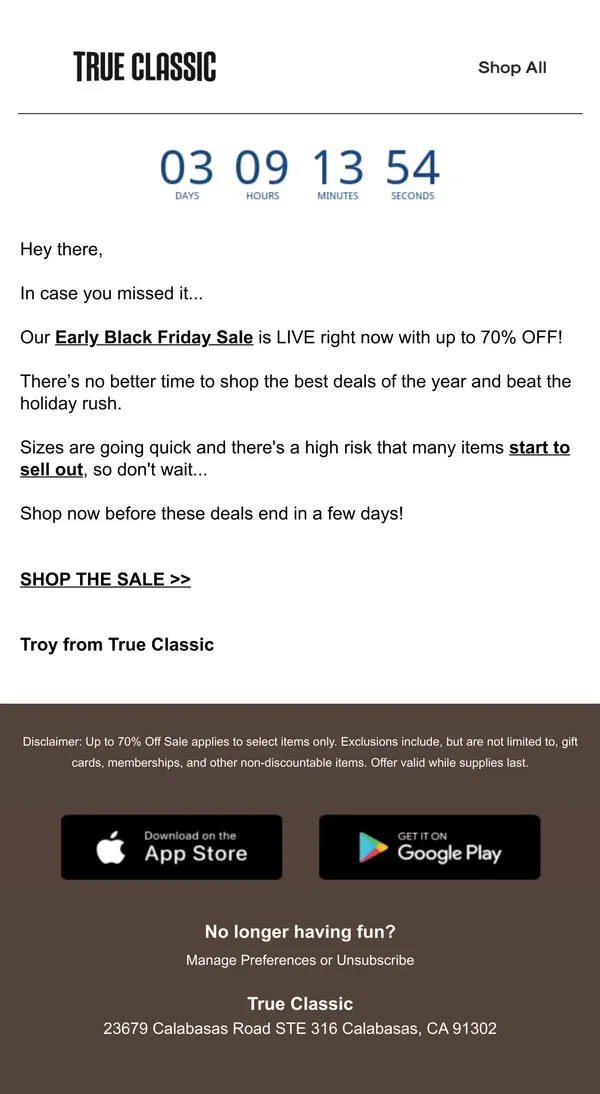 Email from True Classic. 🚨 Up to 70% off ENDING SOON!