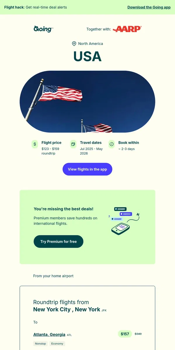 Email from Going. 🇺🇸 USA  —  $123 to $159 (Jul-May)