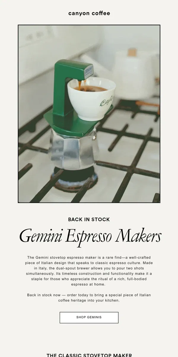 Email from Canyon Coffee. Gemini is Back in Stock