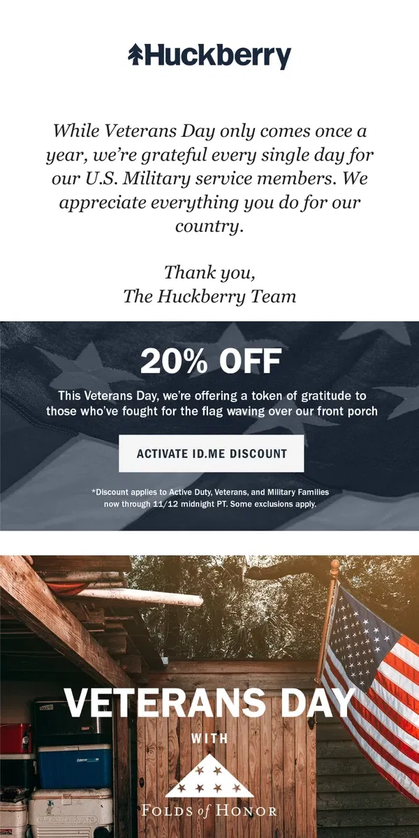 Email from Huckberry. Thank You, Veterans.