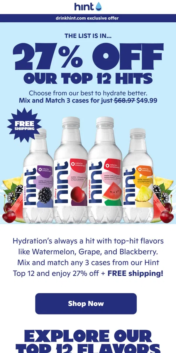 Email from Hint Water. 27% off our top 12 flavors 😋