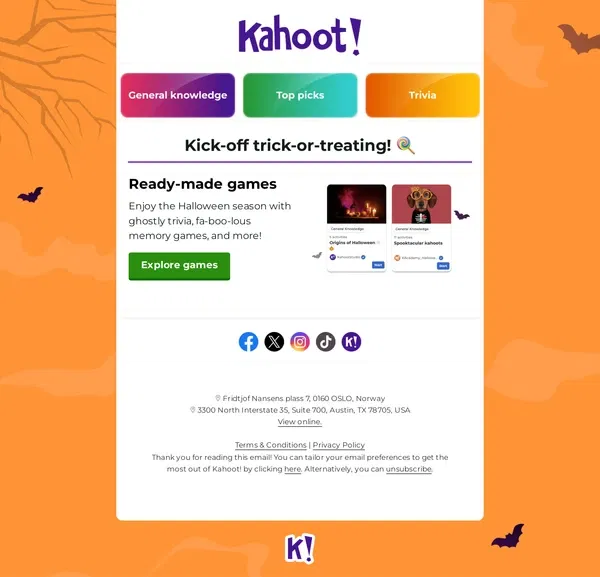 Email from Kahoot!. Kahoot! up your party this Halloween!