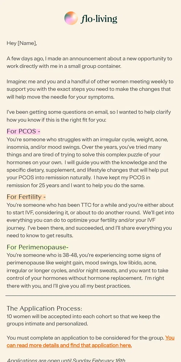 Email from FLO Living. Work directly with me on your PCOS, fertility, or perimenopause ✨