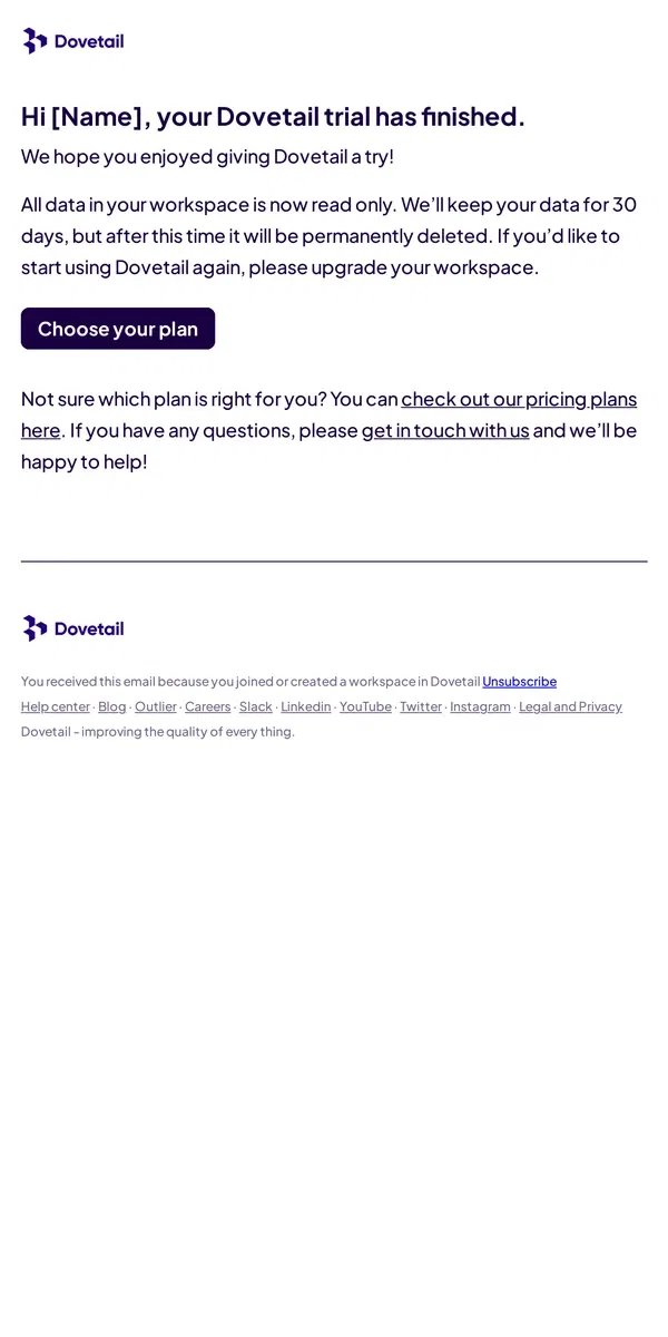 Email from Dovetail. Your Dovetail trial has finished