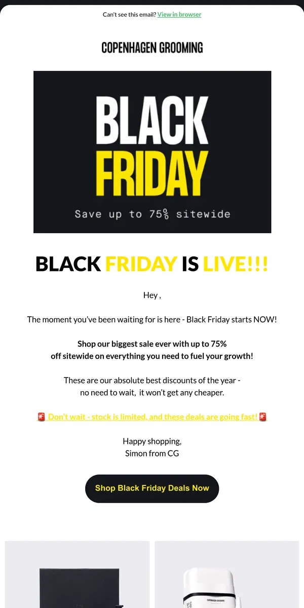 Email from Copenhagen Grooming. Happy Black Friday!