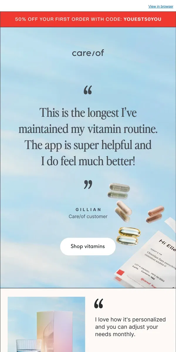 Email from Care/of. "This is the longest I've maintained my vitamin routine"