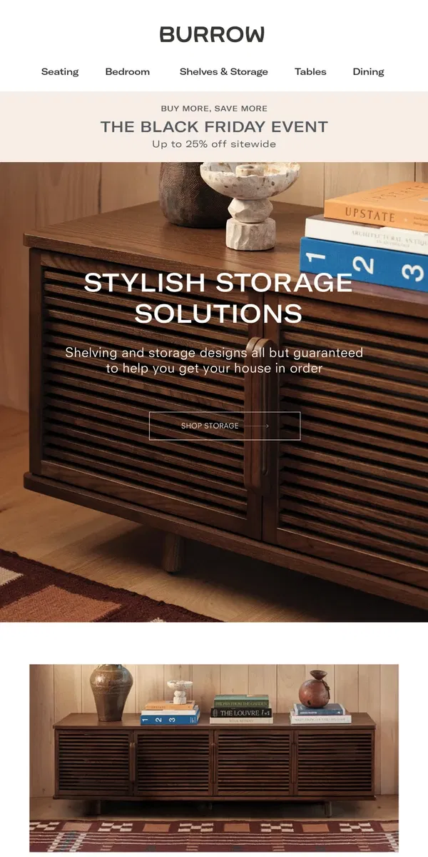 Email from Burrow. Stylish storage, up to 25% off