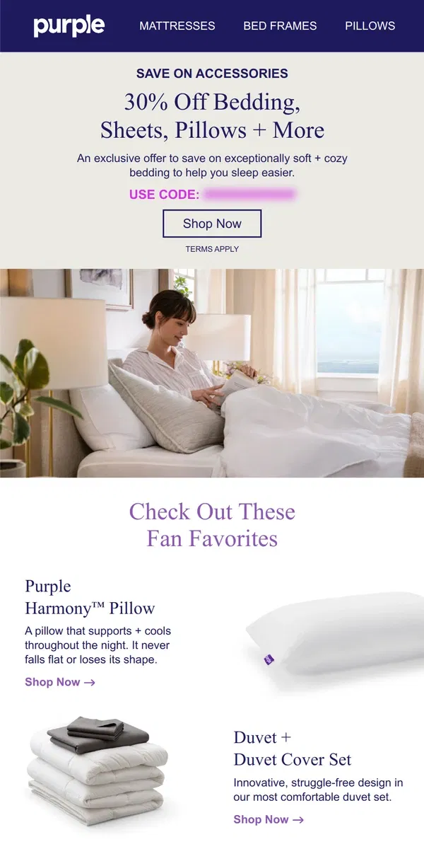 Email from Purple. 30% off Sleep-Enhancing Accessories