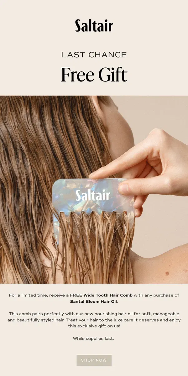 Email from Saltair. Ends Tonight: Free Hair Comb