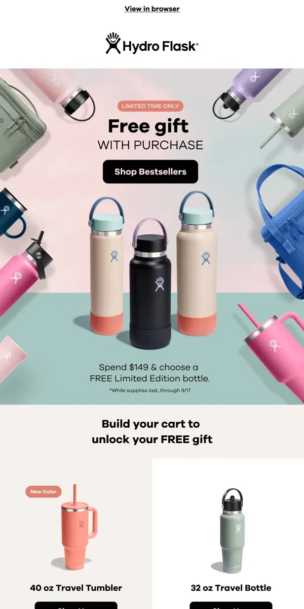 Email from Hydro Flask. FREE Limited Edition bottle when you spend $149