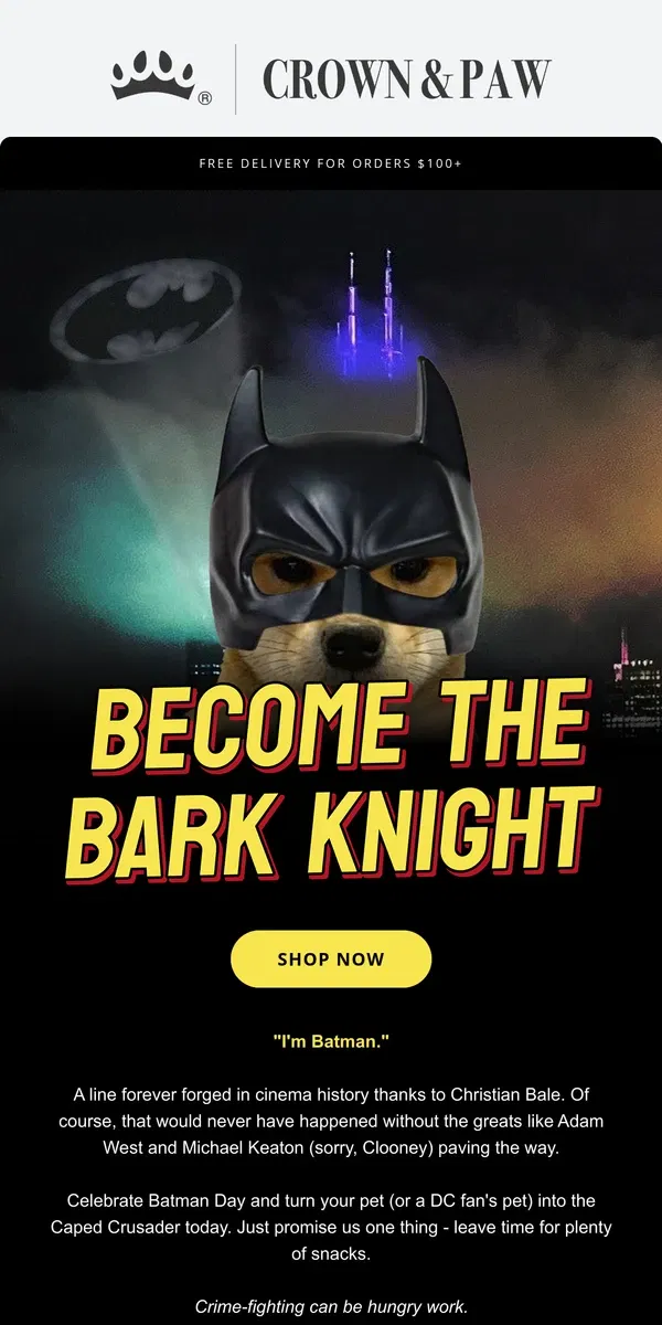 Email from Crown & Paw. I'm Batdog 🦇