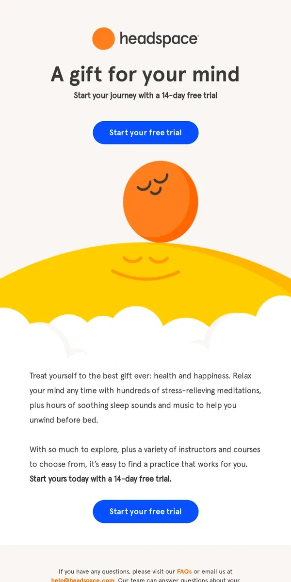 Email from Headspace. Start your journey with 14-days free