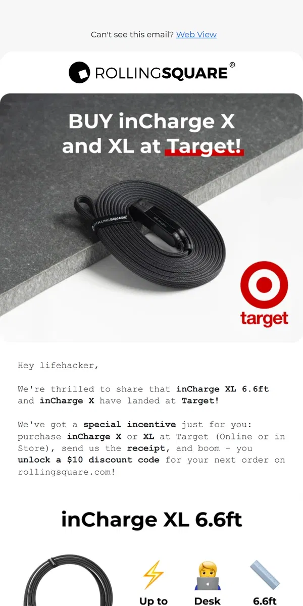 Email from Rolling Square. Rolling Square Hits Target Shelves - Get $10 Off!