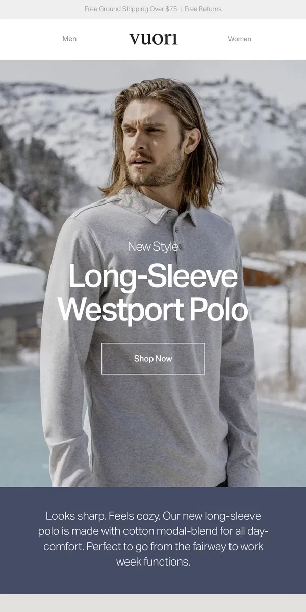 Email from Vuori. Look sharp in our new long-sleeve polo