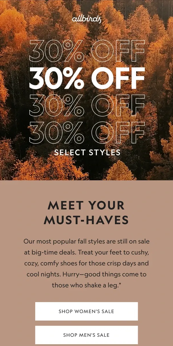 Email from Allbirds. Falling Leaves, Falling Prices 🍂