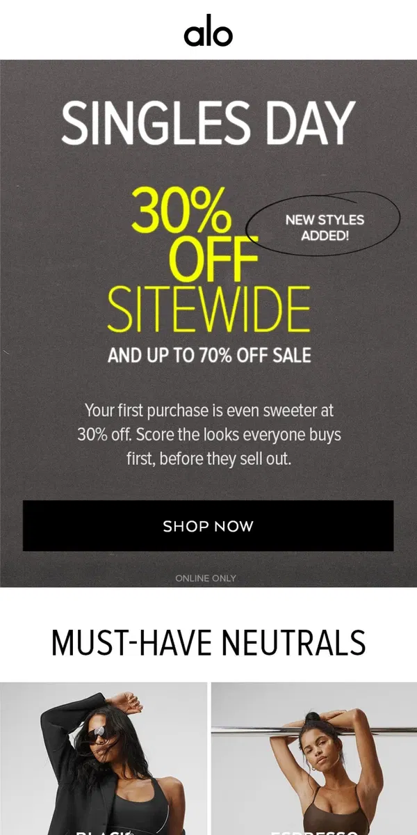 Email from Alo Yoga. Kickstart your Alo wardrobe with 30% off everything