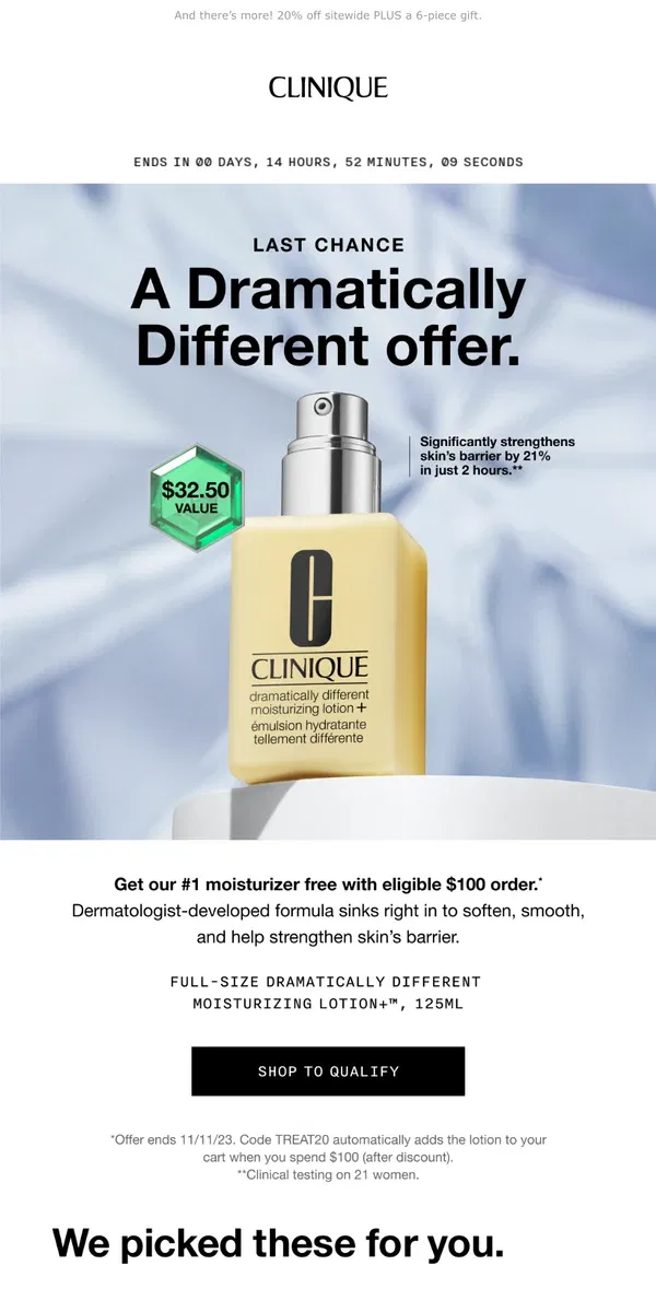 Email from Clinique. TONIGHT! This free moisturizer offer ends. Get yours now with $100 order.