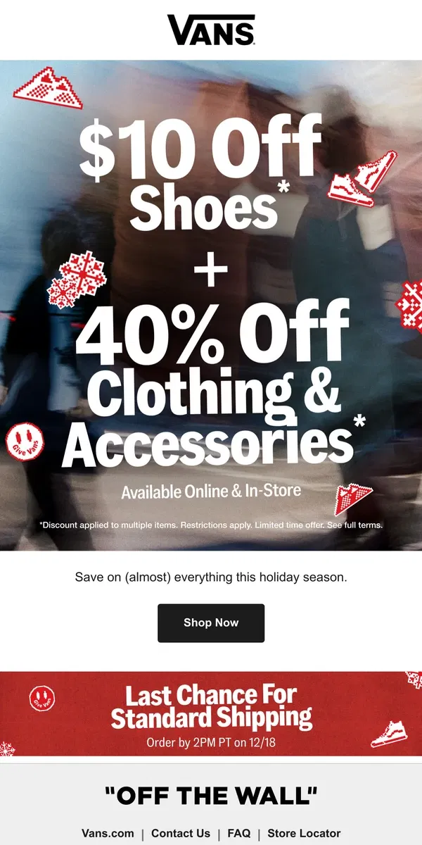 Email from Vans. ENDS TONIGHT: 40% OFF ACCESSORIES & CLOTHING