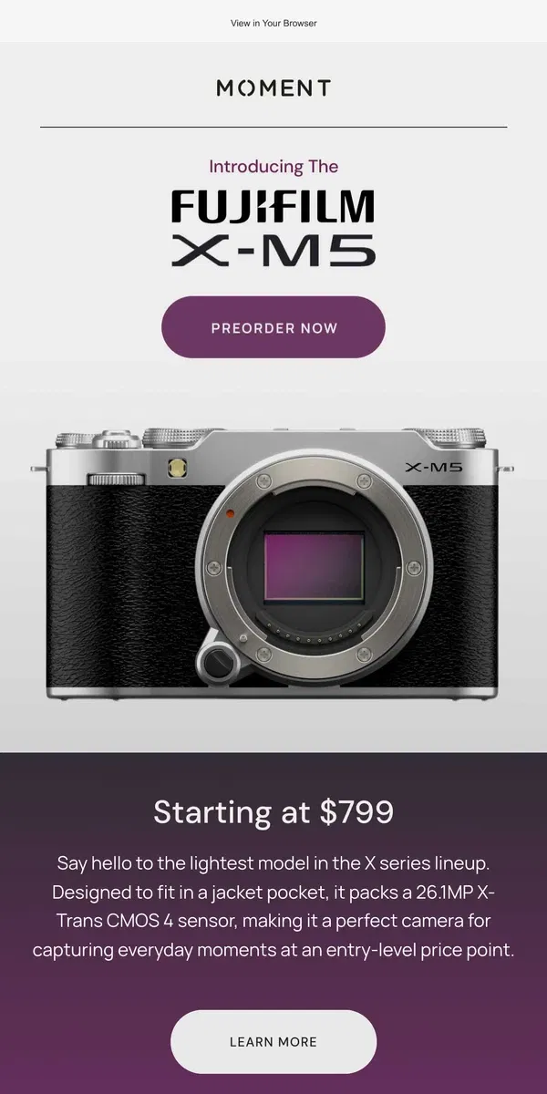 Email from Moment. Introducing the FUJIFILM X-M5